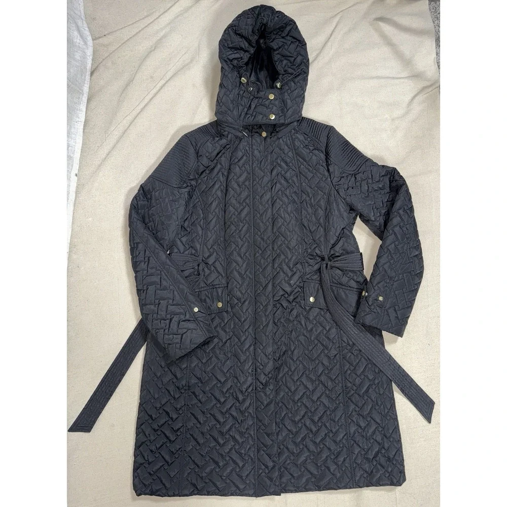 Cole Haan Signature Women's XL‎ Quilted Jacket Coat Black Belted Belt Long Hood